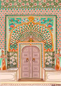 an ornate doorway with pink doors and flowers on the outside wall, painted in pastel colors