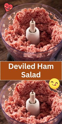 two pictures showing how to make deviled ham in a food processor with the words deviled ham salad