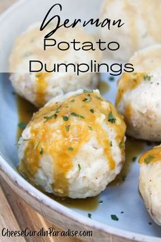 A ball shaped dumpling made of mashed potato. Topped with pan gravy and parsley. German Potato Balls, German Dumplings Recipe, Dutchess Potatoes, Potato Dumplings German, German Potato Dumplings, Potato Dumpling Recipe, German Dumplings, Potato Balls Recipe, Cheese Curd