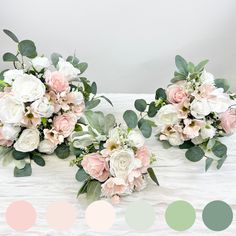 two bouquets of flowers are sitting on a bed with color swatches in the background