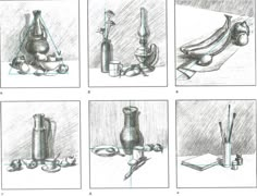 six different views of vases and other objects in various stages of drawing, including pencil