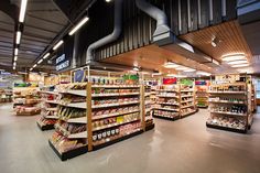 an empty grocery store filled with lots of shelves and food items on the shelves in front of them