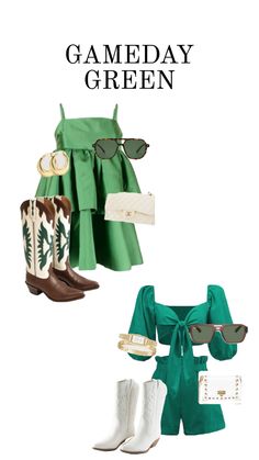 #gamedayoutfitinspo #outfitinspo #green Green And White Game Day Outfit, Green And Gold Game Day Outfit, Green Cowgirl Boots Outfits, Green Gameday Outfit, Green Cotton Game Day Top, Cowboy Boot Gameday Outfit, Green Sporty T-shirt For Game Day, Cowgirl Boots Outfit, Country Concerts