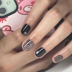 ˖ ࣪⭑ lissette ⭑ ࣪˖ on Instagram: "spirals & stars ★*༄ DM for January! #nails #gelmanicure #gelnails #nailart #y2knails #handpaintednailart" None Acrylic Nail Ideas Short, Nail Style For Short Nails, Cute Gel Manicure Ideas For Short Nails, Spiral Star Nails, Spiral Nails Acrylic, Short Nails Ideas Y2k, Star And Spiral Nails, Unisex Nail Design, Black Spiral Nails