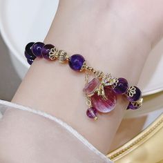 Lucky Bag Round Ring Charm Natural Amethyst Beaded Bracelet - AtPerry's Healing Crystals Purple Crystal Bracelet, Amethyst Bracelet Beads, Jade Crystal, Love Pendant, Festival Jewelry, Amethyst Bracelet, Amethyst Purple, Amethyst Beads, Round Rings