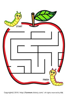 an apple maze with two caters and a worm on it, as well as the word