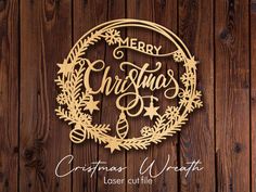 merry christmas wreath laser cutout on wood background with text overlaying it and below