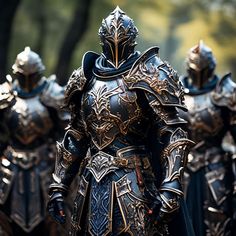 several men in armor are walking down the street