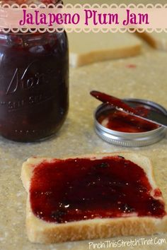 there is a jar of plum jam on the table