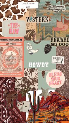 a collage of western themed items and words