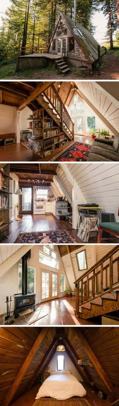 the inside and outside of a house with stairs leading up to an upper level loft