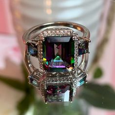 Northern Lights Mystic Topaz And White Zircon* Ring. Set In Platinum Over .925 Sterling Silver. Size 7. Tgw 6.75 Carats. Comes New In Box For Safekeeping And Gift Giving. Nwt *Zircon Is A Natural Gemstone Mined From The Earth And Not To Be Confused With The Man-Made “Cz” Or Cubic Zirconia Black And Topaz Ring, Luxury Vs Clarity Gemstones As Gift, Opalescent Topaz Ring, Cryatal Rings, Crytal Rings, Elegant Iridescent Topaz Gemstone Ring, Iridescent Multi-stone Ring For Anniversary, Iridescent Multi-stone Anniversary Rings, Iridescent Topaz Ring For Anniversary