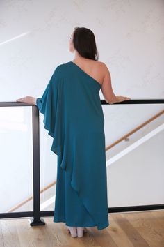 100% Polyester Model is 5'5" and is wearing a size M One Shoulder Maxi Dress, Hunter Green, Phoenix, One Shoulder, Maxi Dress, Green, How To Wear