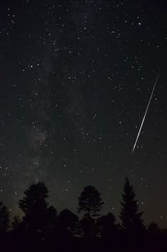 the night sky is filled with stars and an airplane in the distance, as well as trees