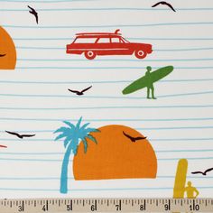 a ruler is next to an orange and blue background with cars, surfboards, and palm trees