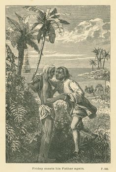 an old illustration of a man giving another man a kiss on the cheek, with palm trees in the background