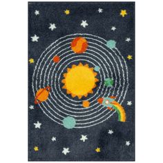 an area rug with planets and stars in the middle, on a black ground background