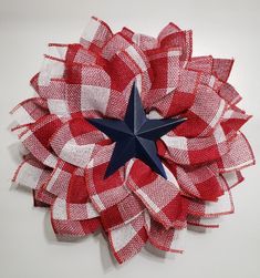 a red, white and blue star is on top of a large piece of fabric