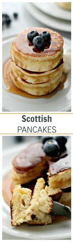 pancakes with blueberries and syrup on them are shown in two different pictures, one is cut