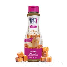 a bottle of salted caramel sauce with cubes