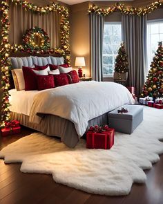 a bedroom decorated for christmas with presents on the floor and lights around the bed,