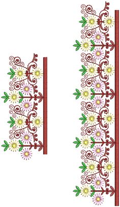 an embroidered border with flowers and leaves on white background, in the shape of two verticals