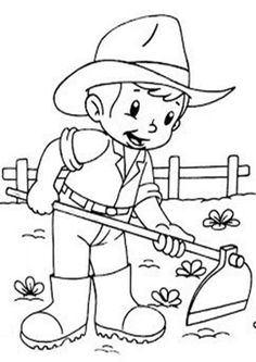 a coloring page with a boy in the field holding a shovel and watering water from a bag