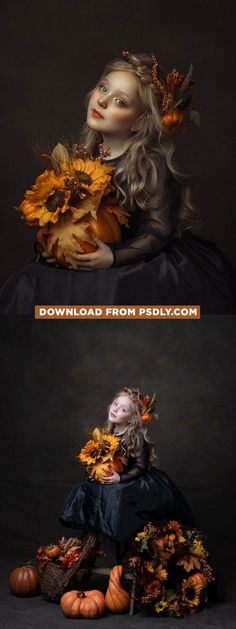 a woman with sunflowers in her hair sitting on top of a pile of pumpkins