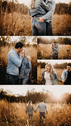 two people standing in tall grass holding hands and looking into each other's eyes