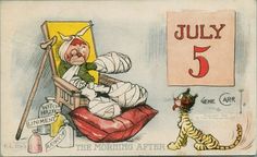 a drawing of a cat sitting on a chair next to a sign that says july 5