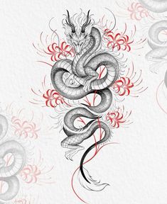 a drawing of a snake with flowers on it's back and the tail curled up