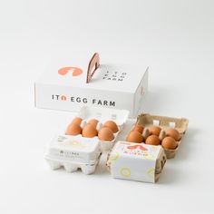 an egg carton with eggs in it next to a carton of eggs on a white background