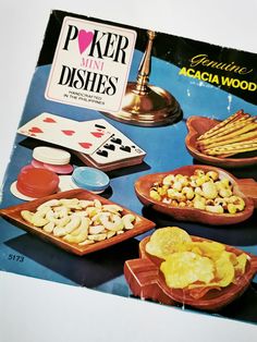 An original vintage box of four acacia wood mini dishes for serving poker snacks. The dishes are shaped like the suits of the cards; one heart, one diamond, one club, and one spade. If You Are Happy, Fairy Lamp, Pillar Candle Holders, March 20, Indiana Glass, Oct 30, Antique Items