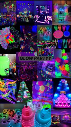 many different types of neon lights are shown in this collage, including plastic cups and vases