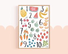 the numbers and fruits are arranged in a wooden frame on a white background with an illustration of fruit