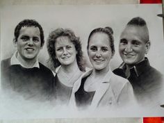 a pencil drawing of three people standing next to each other on a piece of paper