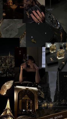 the collage shows many different types of gold and black items in this photo, including an angel - like wing