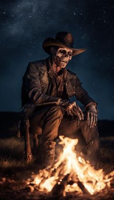 a man in a cowboy hat sitting next to a fire