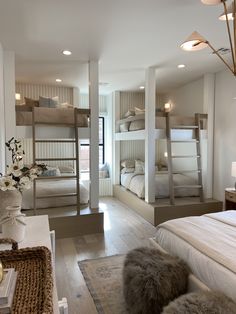 a room filled with bunk beds next to each other on top of a hard wood floor