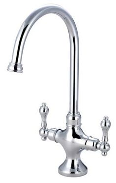 a chrome faucet with two handles and nozzles on the handlebar