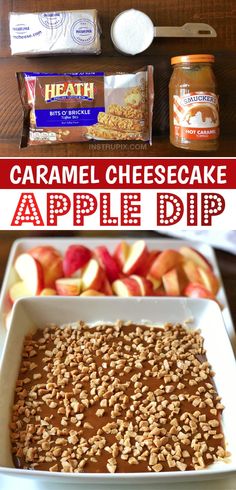 caramel cheesecake apple dip in a white dish with apples and graham crackers