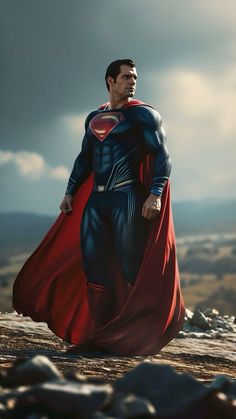 a man dressed as superman standing on top of a hill