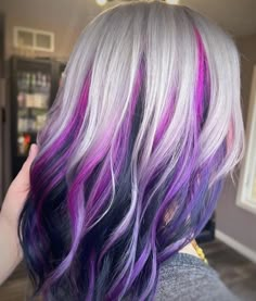 Purple Hair With Blonde Highlights, Blonde With Purple Highlights, Hair With Feathers, Crazy Colour Hair Dye, Purple Blonde Hair, Hair Shaping, Purple Blonde, Purple Hair Highlights, Hair Stripes