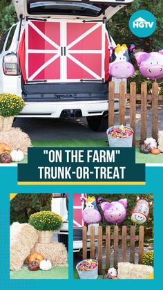 the trunk - or - treat display is decorated with farm animals and hay bales