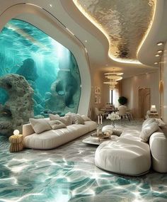 an underwater living room with white couches