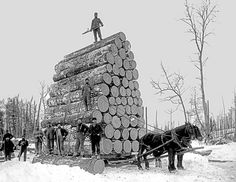 a man standing on top of a pile of logs next to a horse drawn carriage