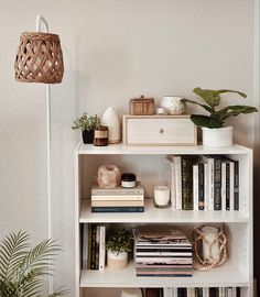 a white book shelf with books and plants on it next to a plant potted in front of a lamp