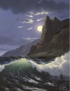 an oil painting of waves crashing in front of a rocky island with a full moon