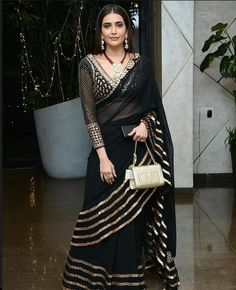 Black And Gold Ruffle Saree Vvani by Vani Vats - Fabilicious Fashion Gold Blouse Designs, Pre Draped Saree, Wedding Suits For Bride, Vani Vats, Indian Groom Dress, Draped Saree, Saree Wearing Styles, Saree And Blouse, Ruffle Saree