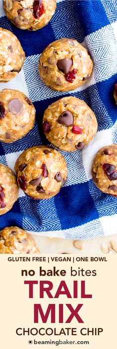 no bake bites trail mix cookies on a blue and white checkered towel with text overlay